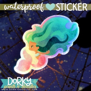 Mermaid Holographic Waterproof Stickers | Weatherproof Iridescent Vinyl Sticker | Sticker Size 3x2.43&quot;