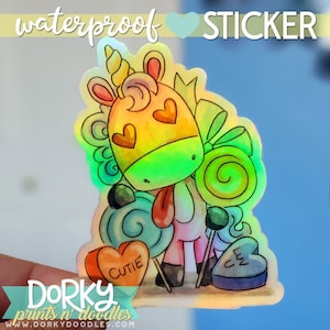 Candy Unicorn Holographic Waterproof Stickers | Weatherproof Iridescent Vinyl Sticker | Sticker Size 2.3x3&quot;
