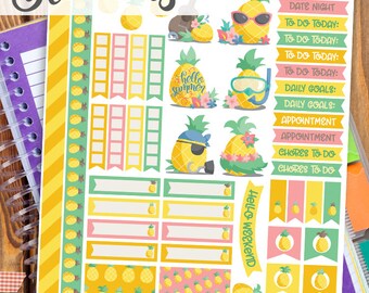 May include: Printable planner stickers featuring a pineapple theme. The stickers include various designs, such as pineapples with sunglasses, pineapples with flowers, and pineapples with a "hello summer" message. There are also blank boxes, banners, and labels for writing.