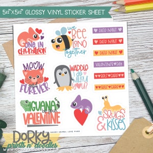 Naklejki do planera Valentine Animal Puns - trwały winyl 5,5"x5,5", błyszczące wykończenie, wysyłka do USA