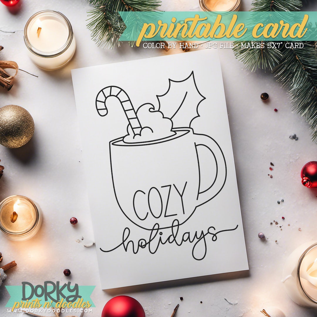 Printable Christmas Coloring Cards - Hand Drawn Holiday Greeting Cards ...