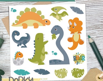 May include: A sheet of glossy vinyl stickers featuring various cartoon dinosaurs in different colors, including green, orange, blue, and gray. The stickers include a stegosaurus, a triceratops, a pterodactyl, a long-necked dinosaur, and a smaller dinosaur with a green body and orange head. The sheet also includes the word "ROAR" in a colorful design.