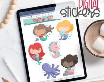 Cute Mermaid Digital Planner Stickers - Mermaids Sticker Book for Goodnotes, PNG files for Ipad Planning and Notability