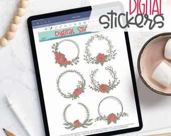 Rose Wreaths Digital Planner Stickers - Flower Sticker Book for Goodnotes, PNG files for Ipad Planning and Notability