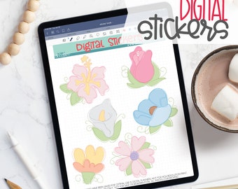 Fun Sketchy Floral Digital Planner Stickers - Spring Flower Sticker Book for Goodnotes, PNG files for Ipad Planning and Notability