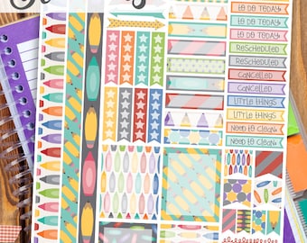 School Print and Cut Planner Stickers - Pencils and Crayons Back to School Printable Stickers