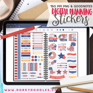 Patriotic Digital Planner Stickers - 4th of July Sticker Book for Goodnotes, PNG files for Ipad Planning and Notability