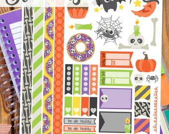 Fun Halloween Print and Cut Planner Stickers - Spiders, Bats, Skulls Printable Stickers