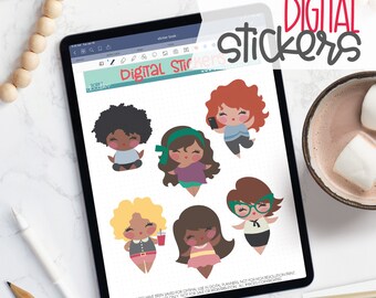 Puede incluir: Un paquete de pegatinas digitales con ilustraciones de siete mujeres con diferentes peinados y atuendos. Las pegatinas están diseñadas para su uso en planificadores digitales y aplicaciones de toma de notas. El texto "Digital Stickers" se muestra en la parte superior de la imagen.