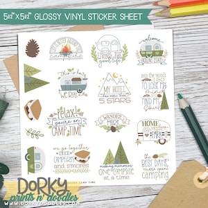 Divertidas pegatinas de planificador de camping/pegatina troquelada de vinilo/hoja de pegatinas de 5,5x5,5"