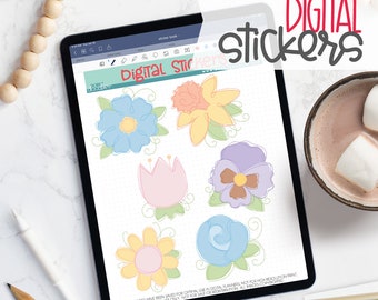 Fun Sketchy Floral Digital Planner Stickers - Spring Flower Sticker Book for Goodnotes, PNG files for Ipad Planning and Notability