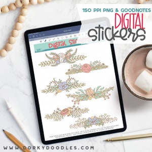 May include: A digital planner screen displaying a set of six floral digital stickers. The stickers are in pastel colors and feature various floral arrangements. The text "Digital Stickers" is displayed at the top of the screen.