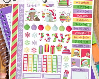 May include: Printable Christmas planner stickers featuring a variety of festive designs, including ornaments, snowflakes, candy canes, presents, and a snowman. The stickers are on a white background with a purple, green, red, and yellow border. The text "Movie Night", "Date Night", "To do today", "Family Time", "Time for just me", "Appointment", "Holiday Party", "Chores to do", "Personal Goals", "Weekend", and "Don't Forget" are included on the stickers.