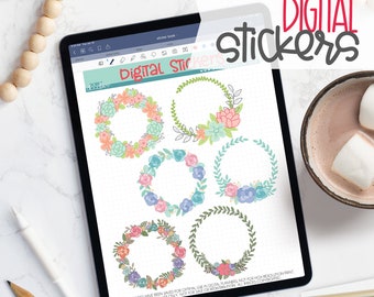 Floral Wreath Digital Planner Stickers - Spring Flower Sticker Book for Goodnotes, PNG files for Ipad Planning and Notability