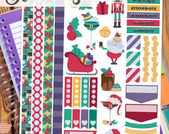 Peut inclure: Autocollants de planificateur de Noël imprimables avec un casse-noisette, le Père Noël, un traîneau, un verre de vin et d'autres motifs festifs. Les autocollants sont sur un fond blanc et comprennent le texte "To do Today", "Rescheduled" et "Cancelled".
