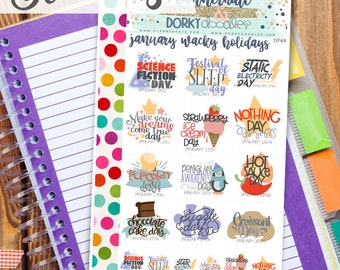 Gekke januari print en cut planner stickers - Crazy January Holidays afdrukbare stickers