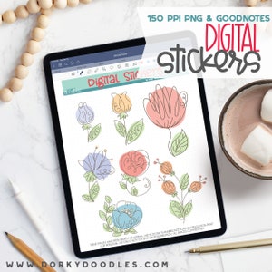 Fun Sketchy Floral Digital Planner Stickers - Spring Flower Sticker Book for Goodnotes, PNG files for Ipad Planning and Notability