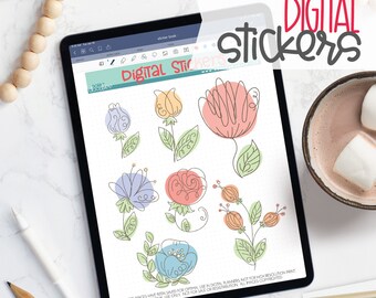 Fun Sketchy Floral Digital Planner Stickers - Spring Flower Sticker Book for Goodnotes, PNG files for Ipad Planning and Notability