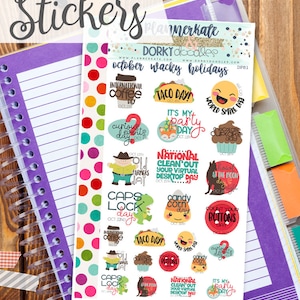 Wacky Octubre Imprimir y Cortar Pegatinas Planificador - Crazy October Holidays Pegatinas imprimibles