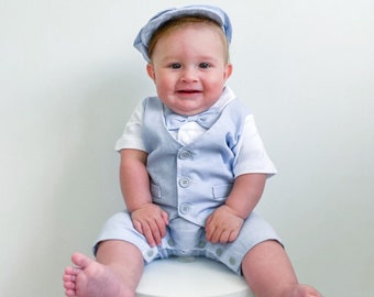Baby Boy Christening Wedding 1pc All in One Pale blue Linen Blend Outfit Set Monogram