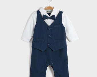 Baby Boy Christening Wedding 1pc All in One Outfit with Bow Tie