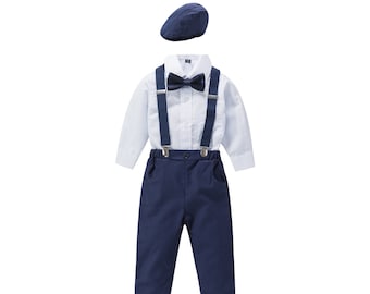 Personalized Ring Bearer Page Boy Christening Wedding 4/5pc Linen Blend Suit Hat and Braces Set in Navy and Black