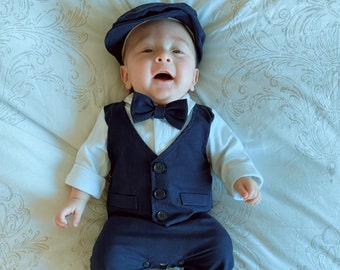 Baby Boy Christening Wedding 1pc All in One Navy Linen Long and Short Sleeve Pant Outfit Set with Hat