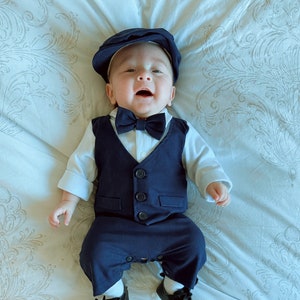 Baby Boy Christening Wedding 1pc All in One Navy Linen Long and Short Sleeve Pant Outfit Set with Hat