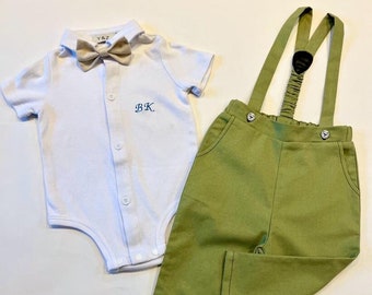 Ring Bearer Moss Green Page Boy Christening Wedding Suspender Suit Set with Monogram