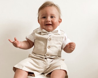 Ring Bearer Page Boy Christening Wedding 4pc Beige Linen Blend Suit with Waistcoat