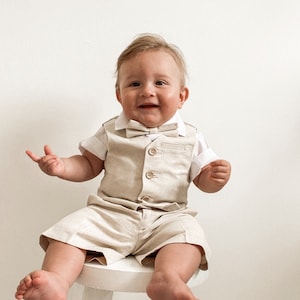 Ring Bearer Page Boy Christening Wedding 4pc Beige Linen Blend Suit with Waistcoat