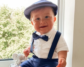 Ring Bearer Page Boy Christening Wedding Linen Blend Suit Braces Hat Set with Optional Monogram