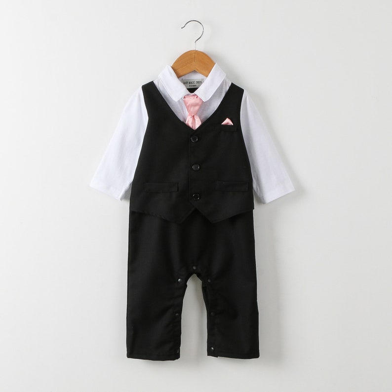 Baby Boy Christening Wedding 1pc All in One Outfit with Tie and Handkerchief image 3