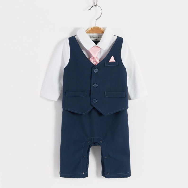 Baby Boy Christening Wedding 1pc All in One Outfit with Tie and Handkerchief
