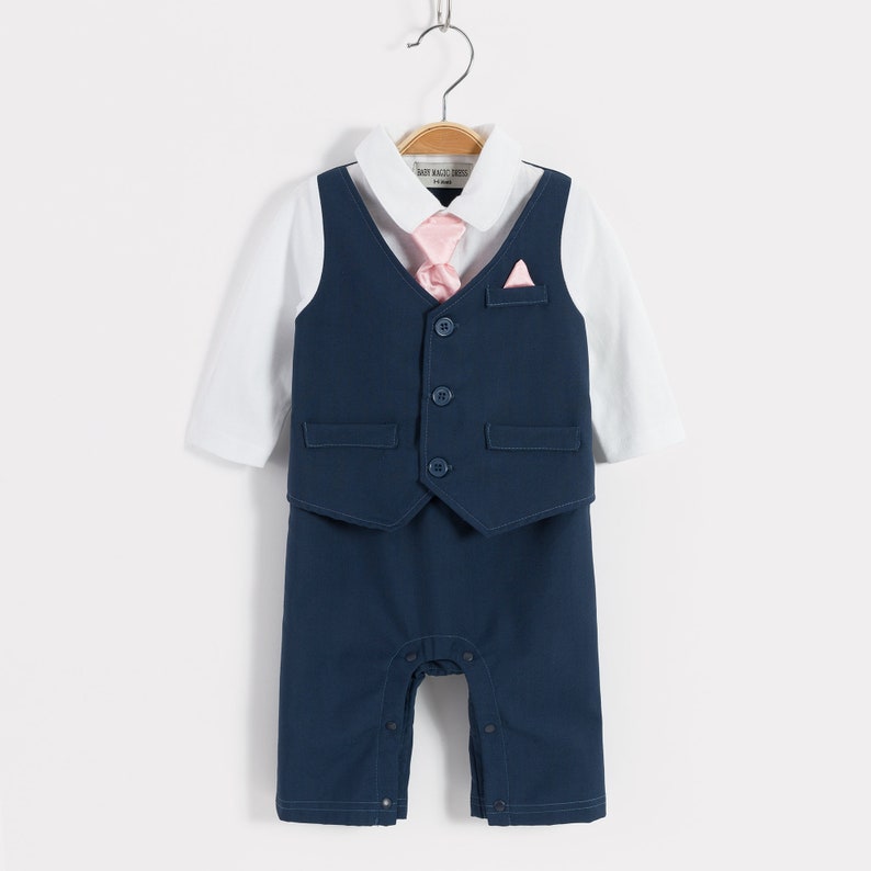 Baby Boy Christening Wedding 1pc All in One Outfit with Tie and Handkerchief