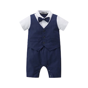 Baby Boy Christening Wedding 1pc All in One Navy Outfit with Bow Tie
