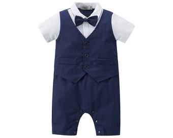 Baby Jungen Taufe Hochzeit 1 Stück All in One Navy Outfit mit Fliege