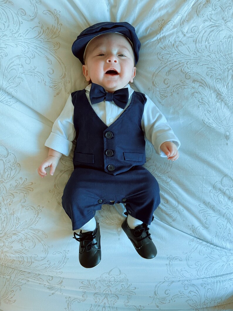 Baby Boy Christening Wedding 1pc All in One Navy Linen Blend Long and Short Sleeve Pant Outfit Set with Hat