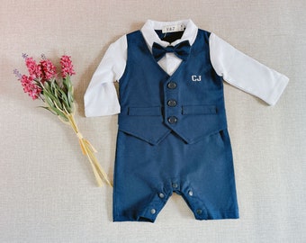 Monogram Baby Boy Christening Wedding Formal 1pc All in One Linen Blend Navy Outfit Suit Set