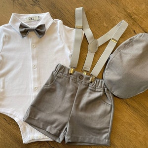 Ring Bearer Page Boy Christening Wedding 4pc Grey Short Suit Braces Set with Matching Hat
