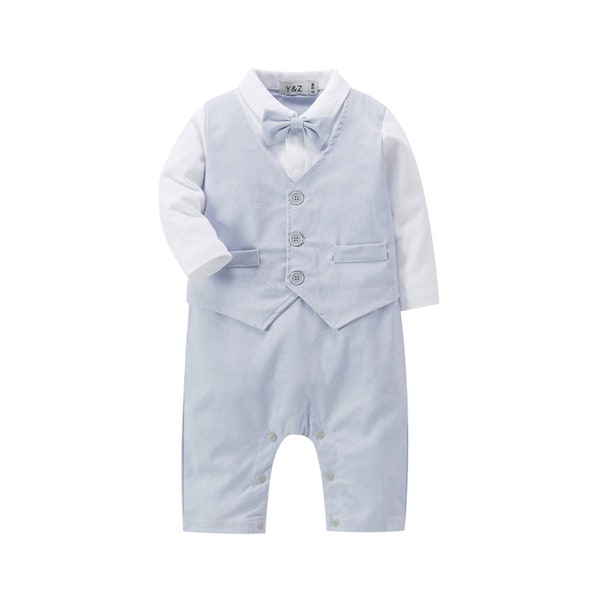 Monogrammed Baby Boy Christening Wedding 1pc All in One Pale blue Linen Blend Outfit Set