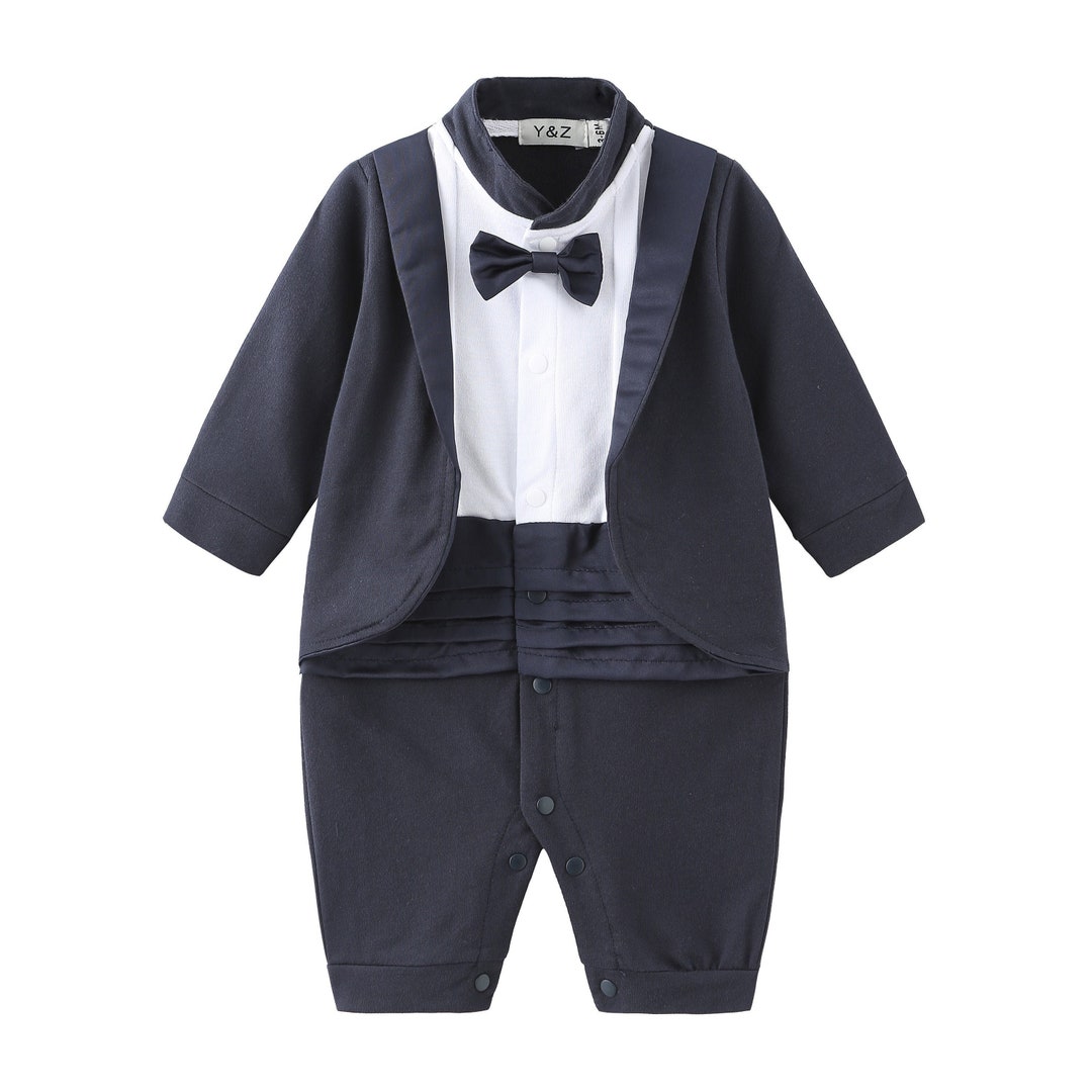 Baby Boy Tuxedo Baptism Christening Wedding 1pc All in One Outfit With ...