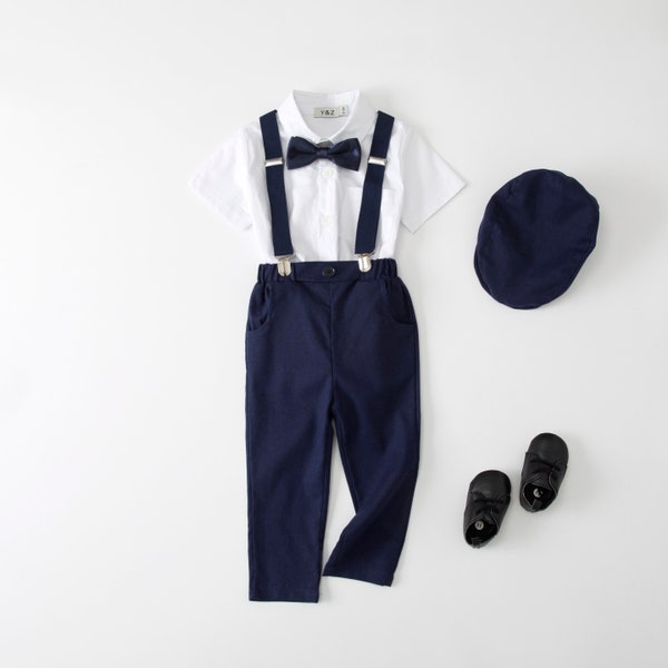 Ring Bearer Page Boy Christening Wedding Short Sleeve Shirt 4/5 Pc Linen Suit Hat and Braces Set in Navy and Black