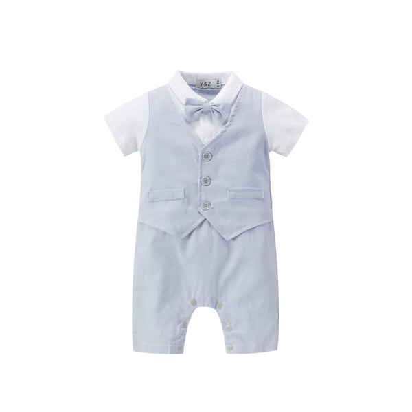 Baby Boy Christening Wedding 1pc All in One Pale Blue Linen Blend Short Outfit Monogram Option