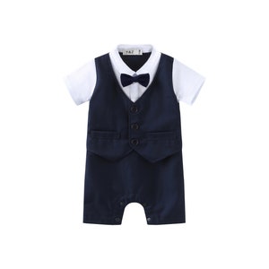 Baby Boy Christening Wedding 1pc Navy All in One Short Sleeve Outfit with Bow Tie