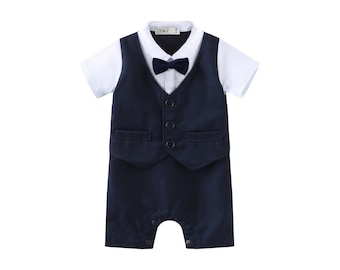 Baby Boy Christening Wedding 1pc Navy All in One Short Sleeve Outfit with Bow Tie