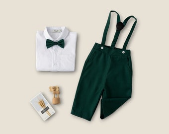 Ring Bearer Page Boy Christening Wedding 4pc Emerald Green Linen Blend Suit Braces Set
