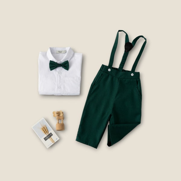 Ring Bearer Page Boy Christening Wedding 4pc Emerald Green Linen Blend Suit Braces Set