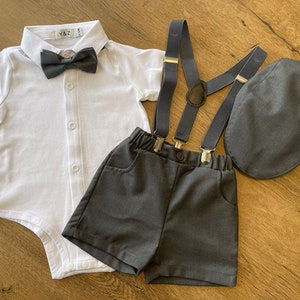 Ring Bearer Page Boy Christening Wedding Charcoal Short Suit Braces Set