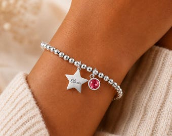 Gepersonaliseerde geboortesteen ster bedelarmband, aangepaste naam gegraveerd, geboortesteen, cadeau voor haar. Verjaardagscadeau. Jubileumcadeau